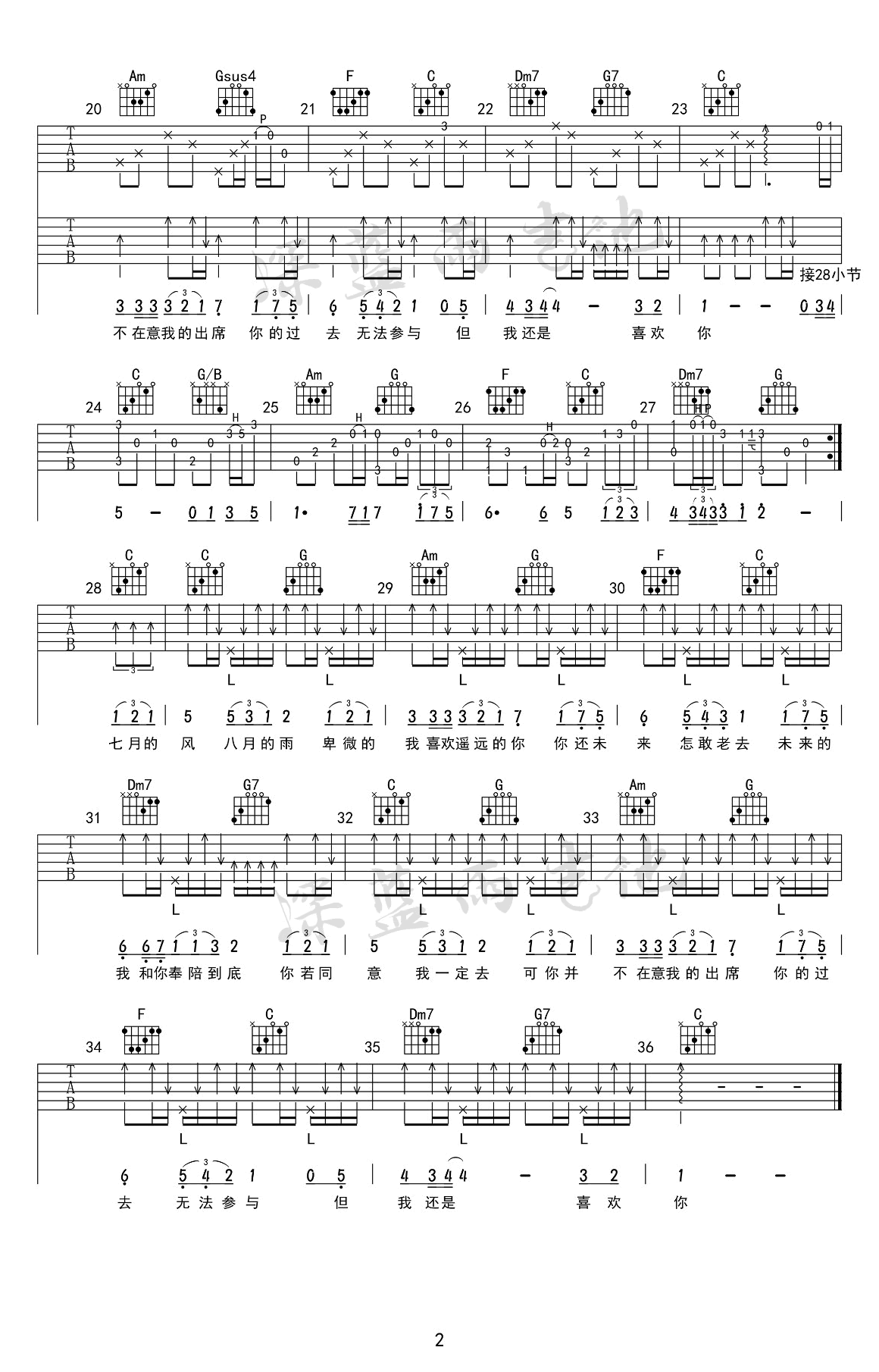 遥远的你吉他谱c调弹唱演示高清版